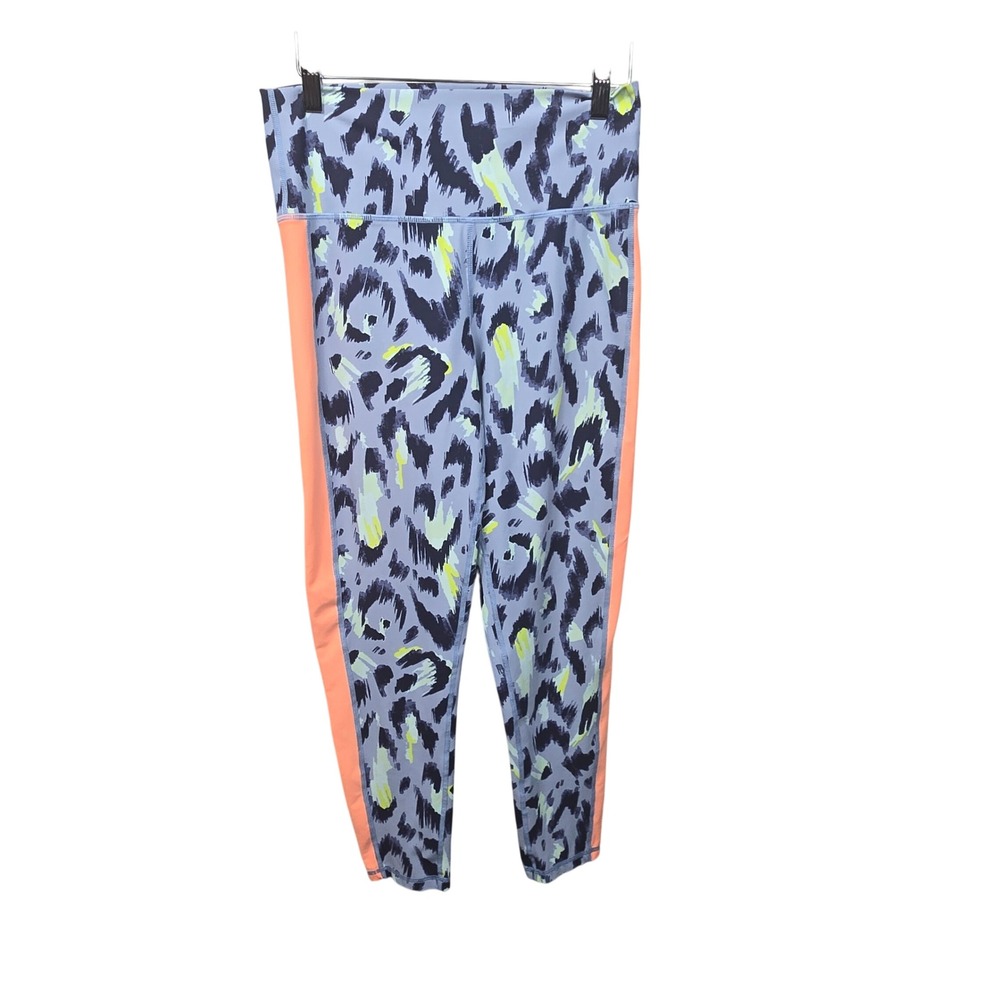 Aerie Chill Play Move Leggings Blue Leopard Print Neon Orange Stripe Crop Large